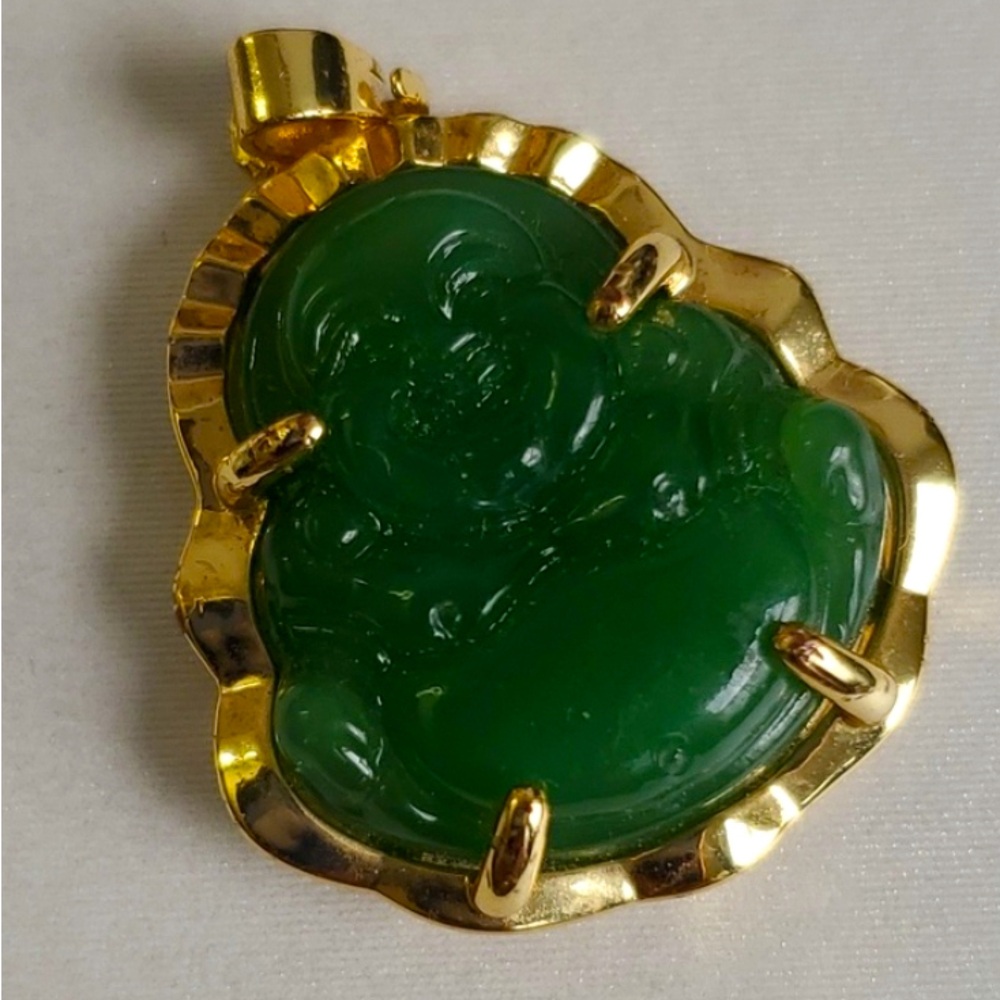Gold Genuine Nephrite / Jade Laughing Buddha Pendant